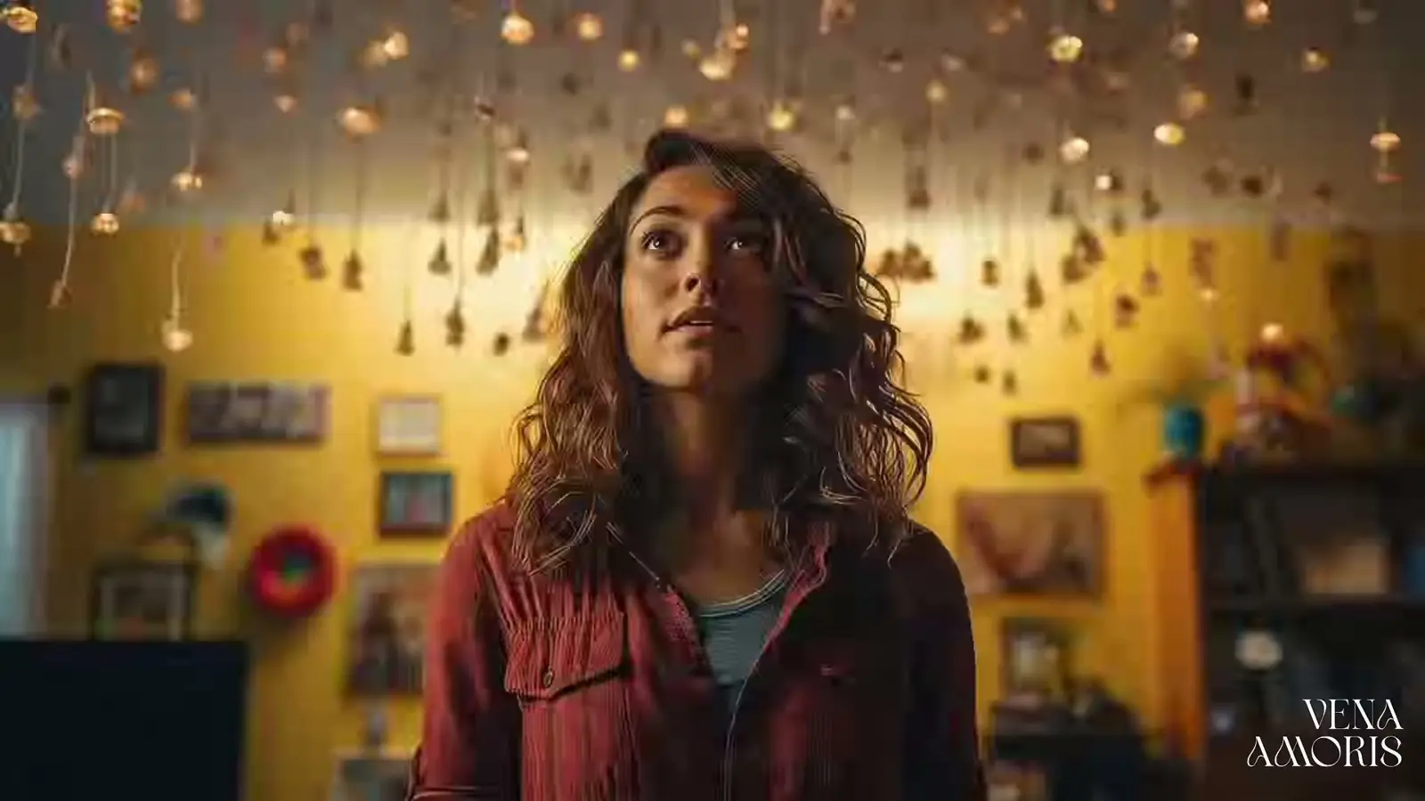 Personagem em cena dramática: atuação e olhar gerados por IA.