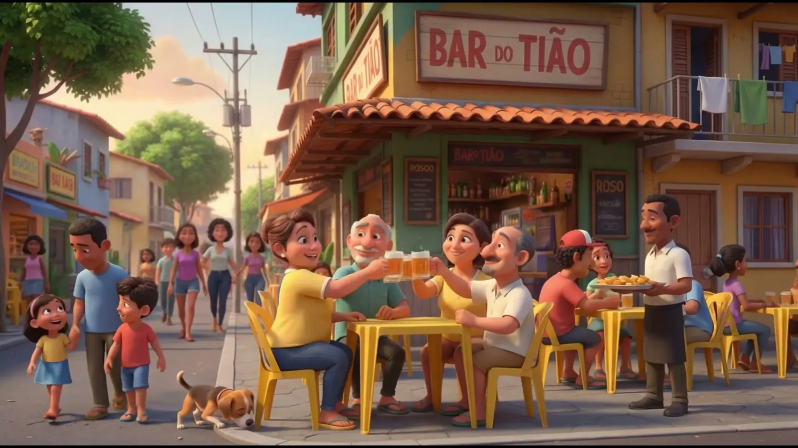 O bar da esquina cheio: o dia comum que o filme celebra.
