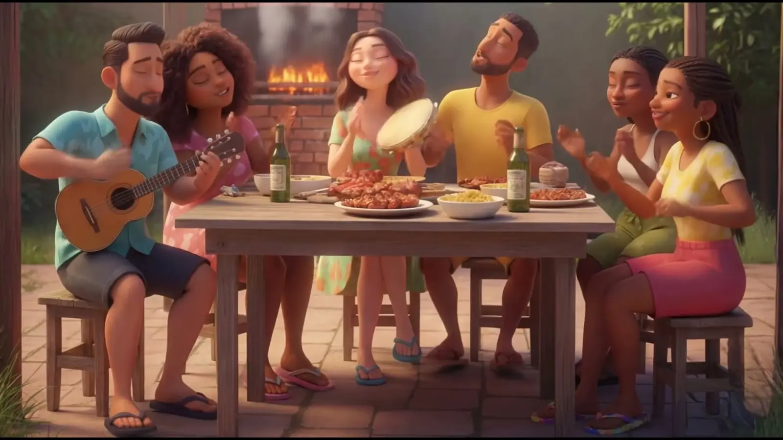 Roda de samba em volta da mesa, com todo mundo de chinelo.