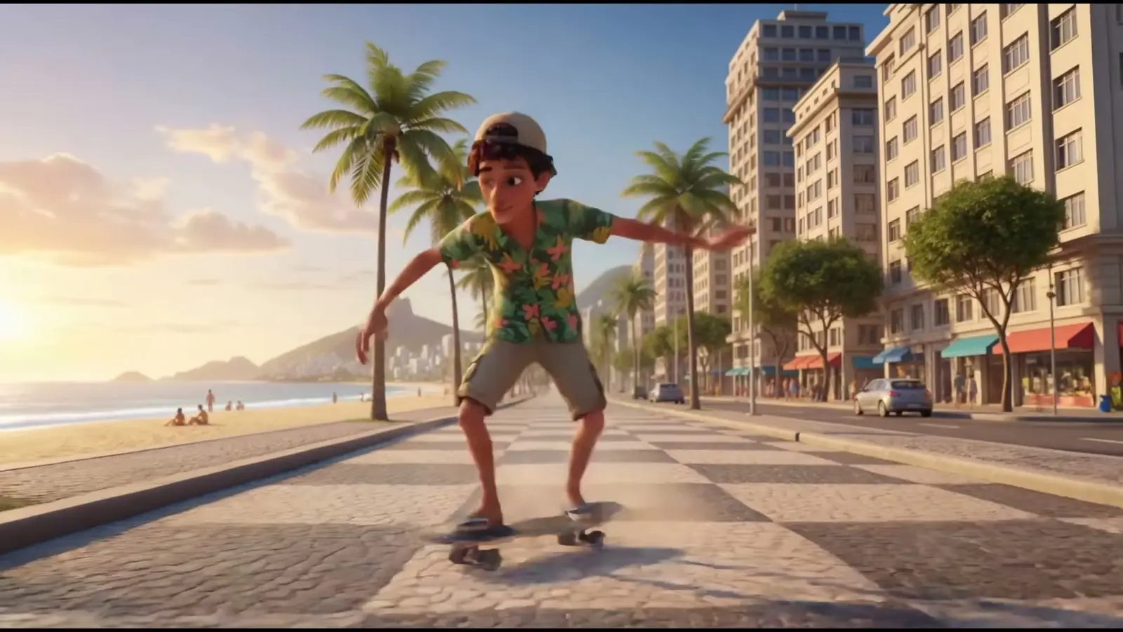 Skate no fim de tarde, entre o calçadão e a cidade.