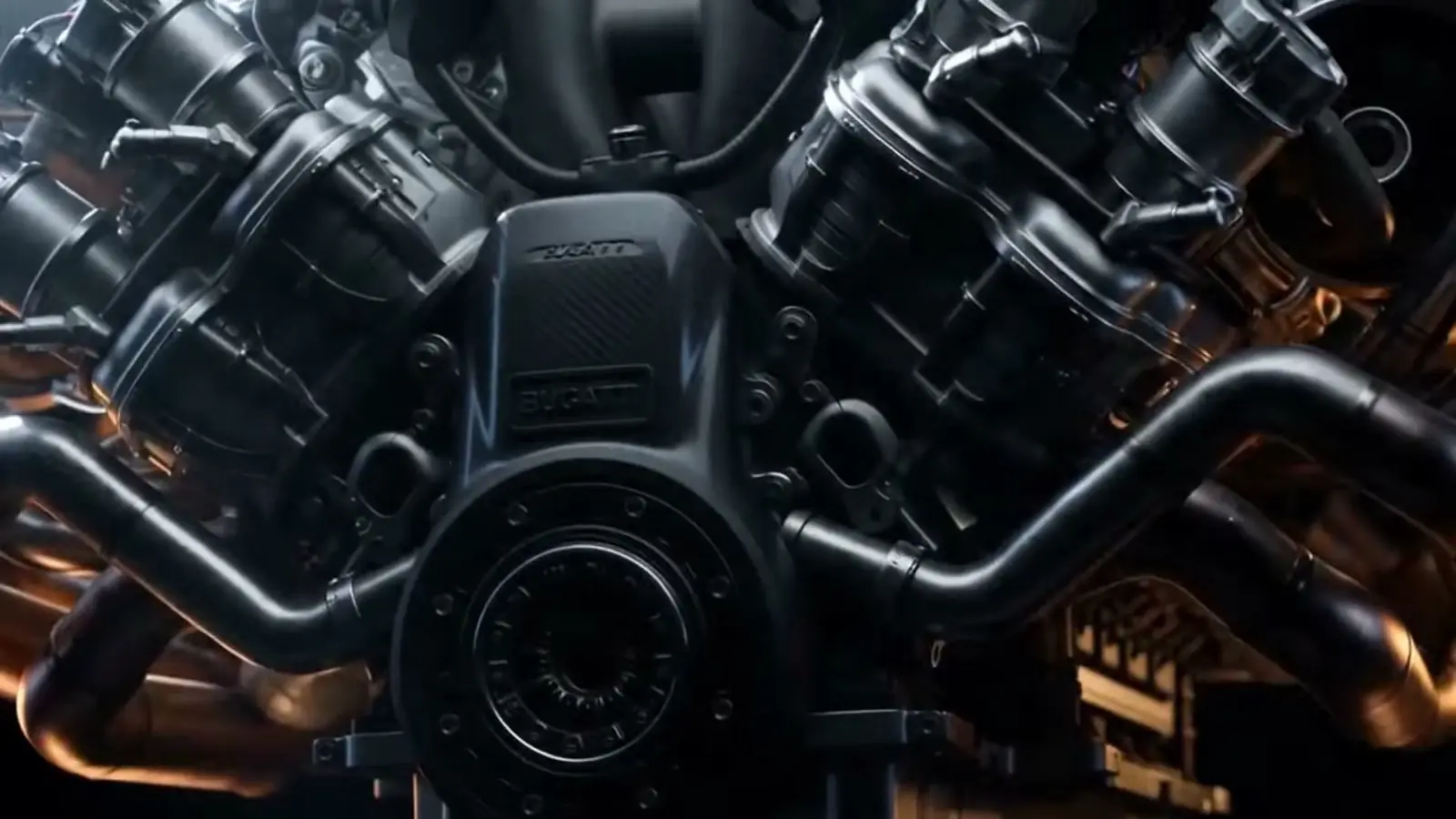 O motor por dentro: a engenharia de 16 cilindros transformada em imagem.
