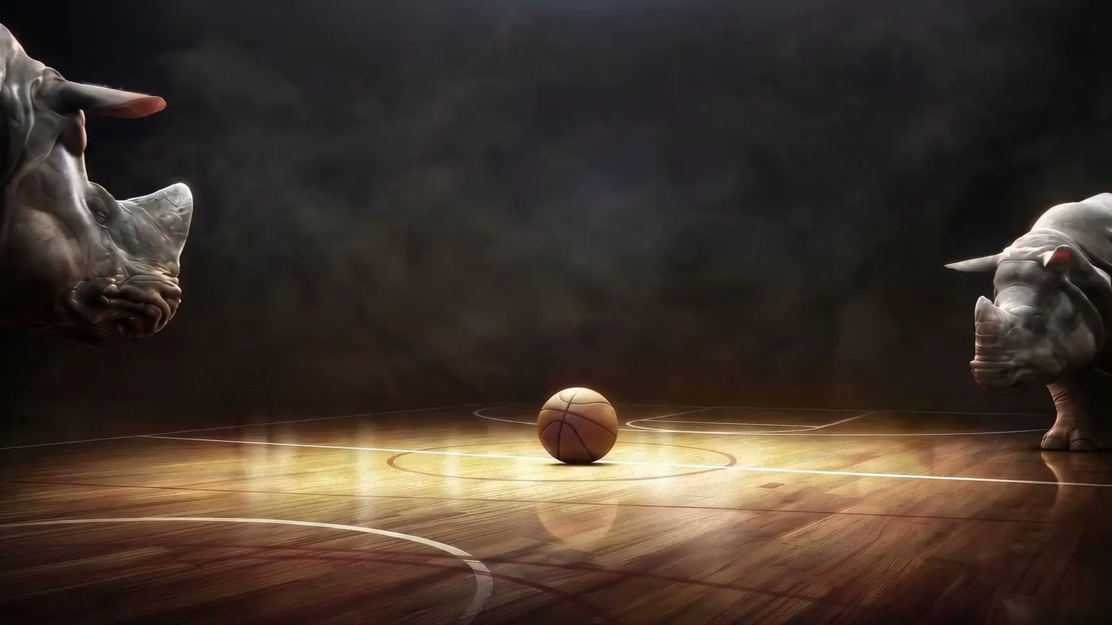 Dois rinocerontes se encaram na quadra, com a bola no centro.