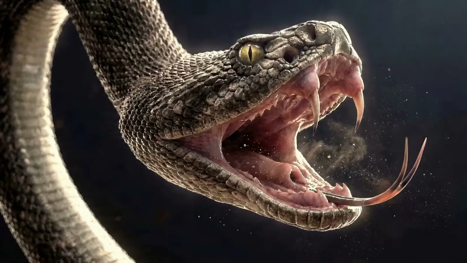 A serpente no bote, boca aberta: velocidade e ataque.