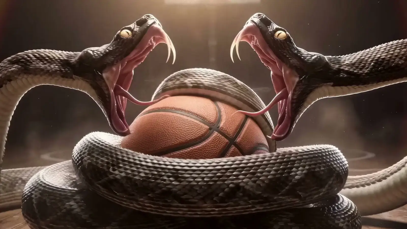 Duas serpentes enroladas na bola de basquete, o território em disputa.