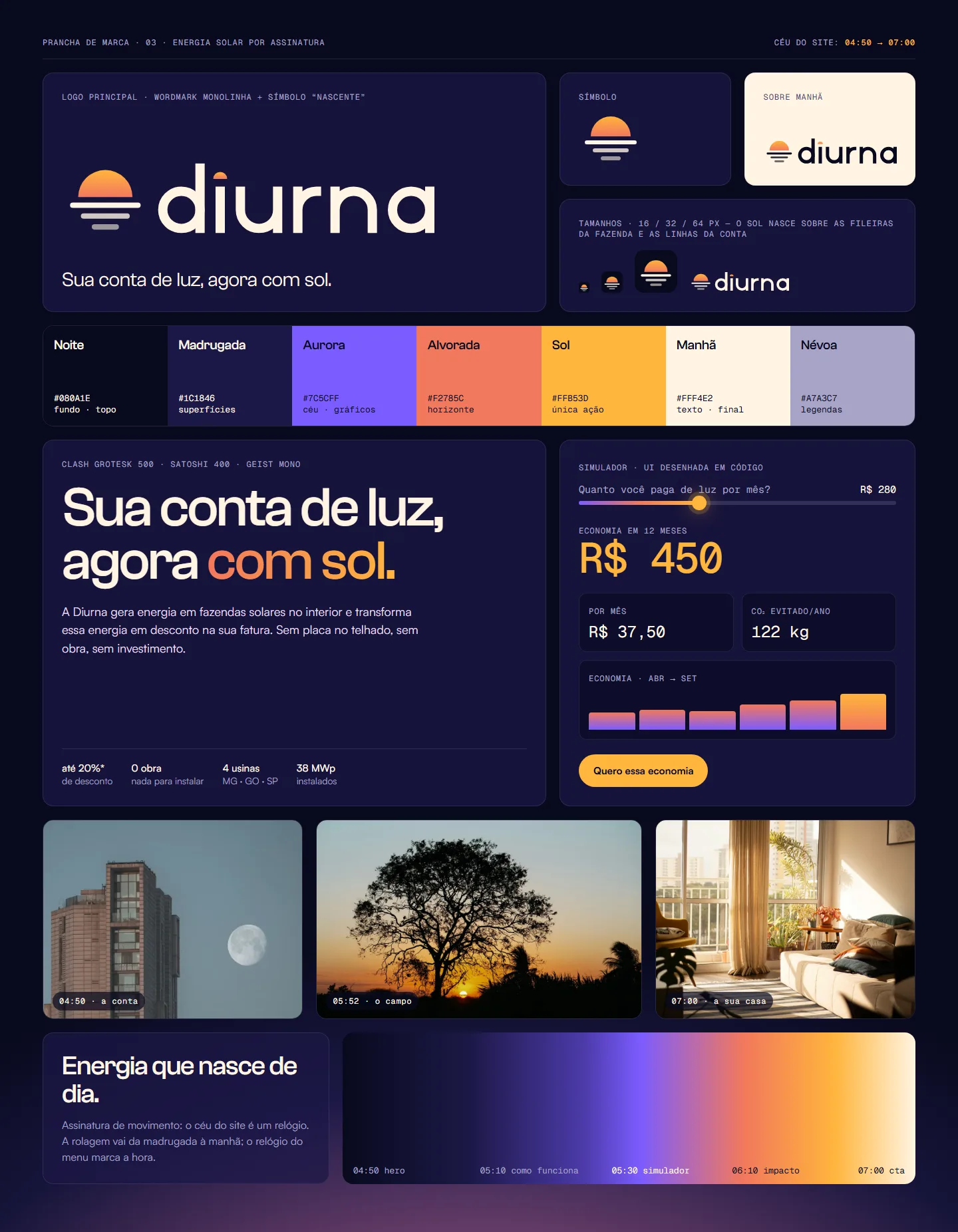 Prancha de identidade da Diurna: logo, paleta e tipografia