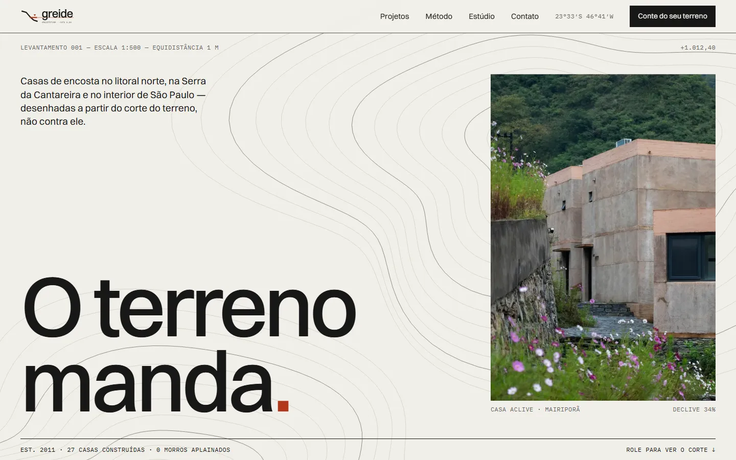 Abertura: curvas de nível ao fundo e "O terreno manda."