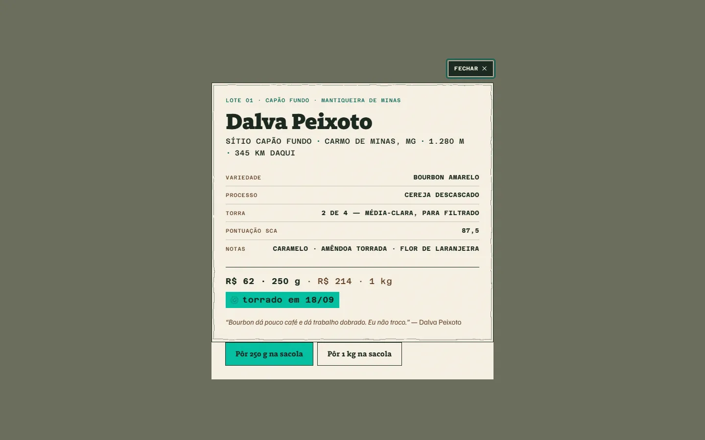 A ficha carimbada do lote de Dalva Peixoto, com a fala dela no rodapé