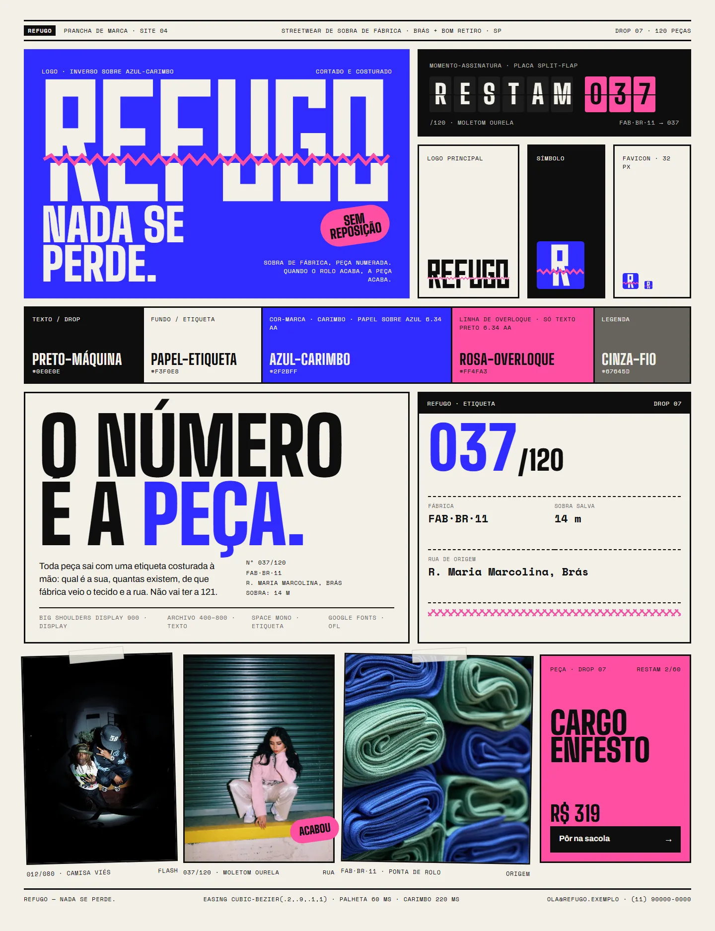 Prancha de identidade da Refugo: logo, paleta e tipografia