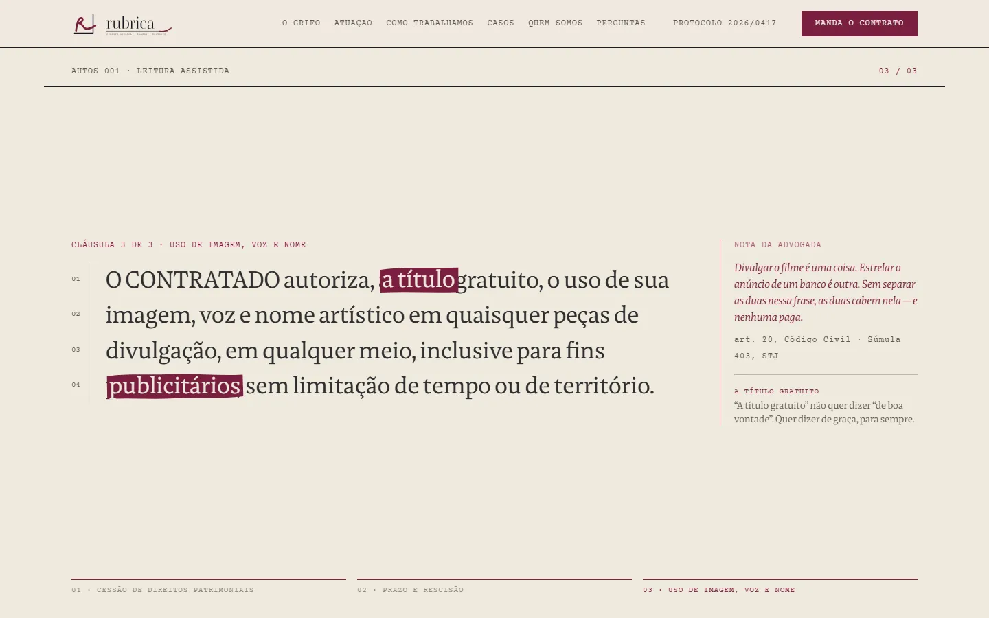 O grifo: a cláusula de uso de imagem com dois trechos marcados e a nota da advogada na margem